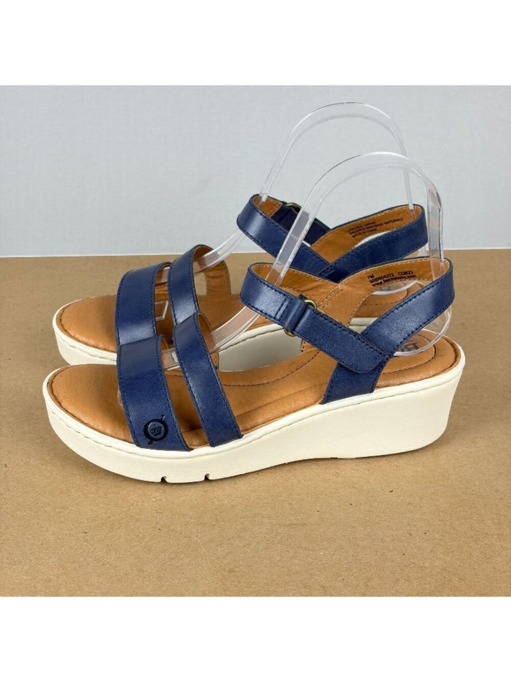 Born Navy Blue Wedge Sandals Womens 7 Leather Ankle Strap Hook and Loop Casual